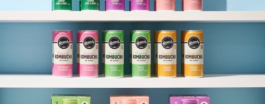 Remedy Kombucha cans on a shelf