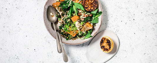 MUNG BEAN PUMPKIN KALE SALAD WITH TAHINI DRESSING