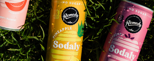 Picture of 3 cans lying on the grass: Sodaly Guava, Sodaly Pineapple and Sodaly Raspberry