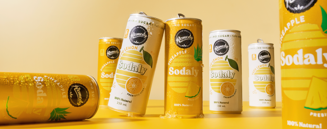 Cans of Yuzu Lemon Sodaly and Pineapple Sodaly