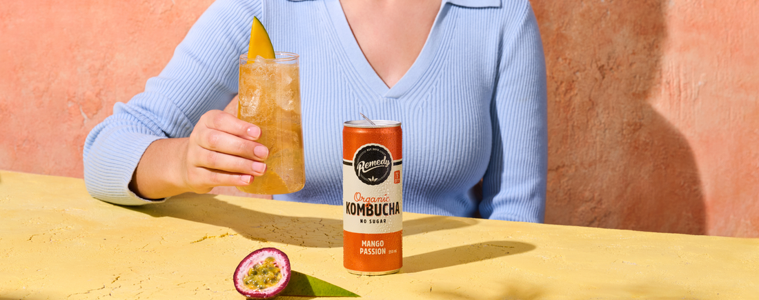Can of Remedy Kombucha in the flavour Mango Passion.