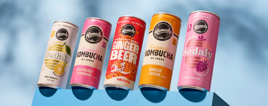 From left to right, cans of Remedy Sodaly Yuzu Lemon, Pink Lemonade Kombucha, Ginger Beer, Ginger Lemon Kombucha and Raspberry Sodaly