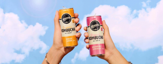 Two hands; one holding a can of Ginger Lemon Kombucha and the other holding a can of Raspberry Lemonade Kombucha