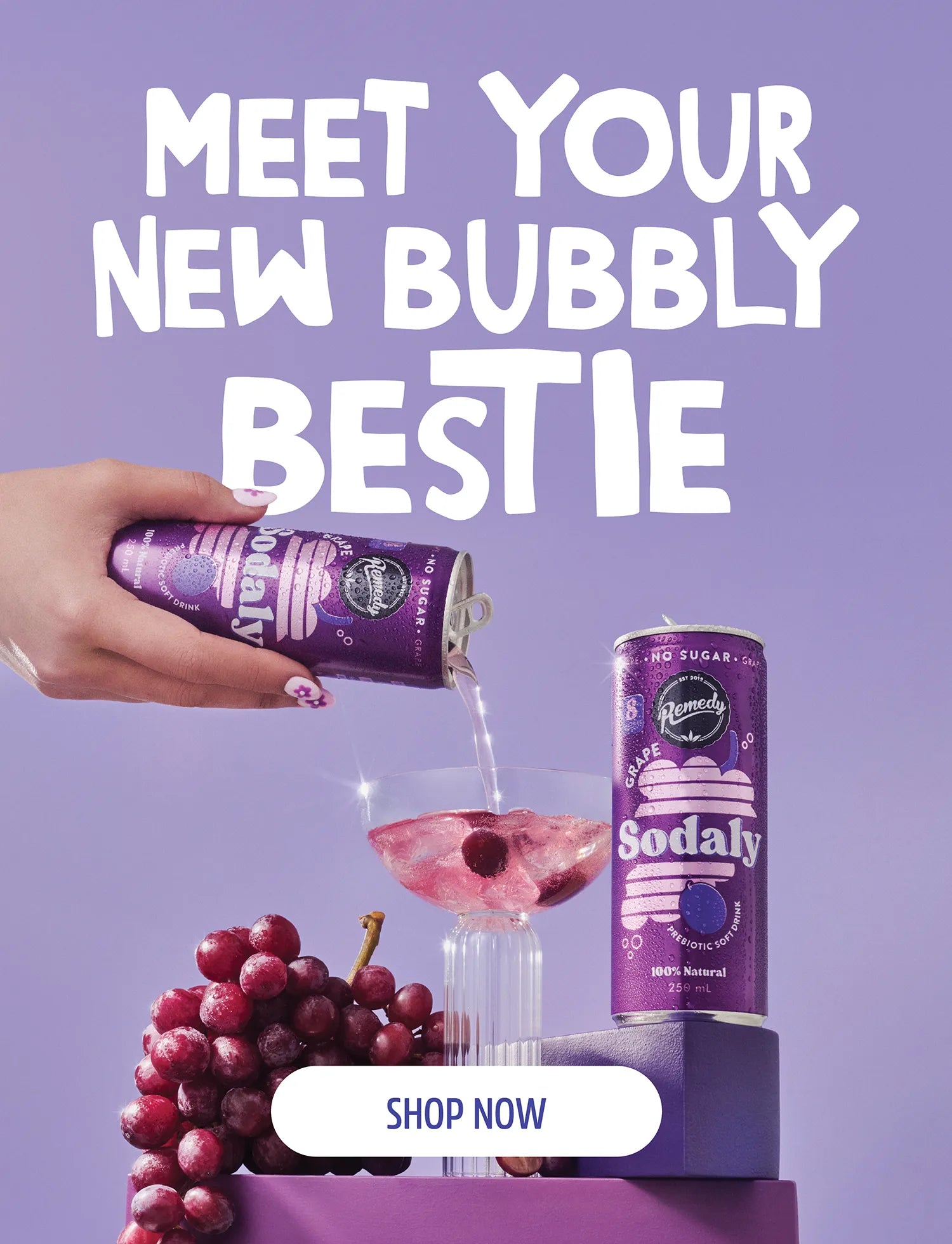 A promotional banner for Sodaly sparkling drink, showing a hand pouring purple liquid from a can into a glass, with a second can, grapes, and large text reading 'MEET YOUR NEW BUBBLY BESTIE' on a purple background.
